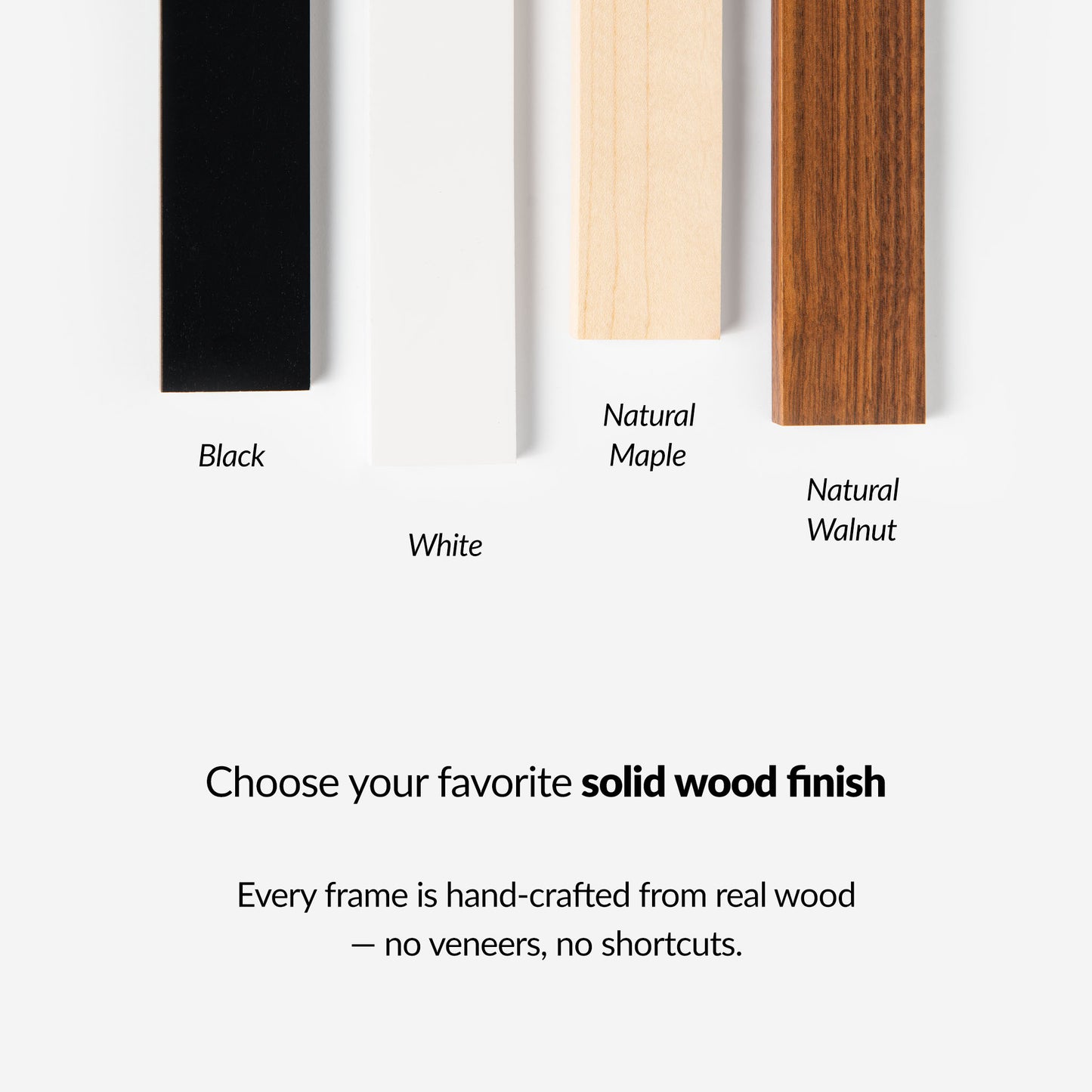 Wooden frame samples in black, white, natural maple, and natural walnut with text on a white background.