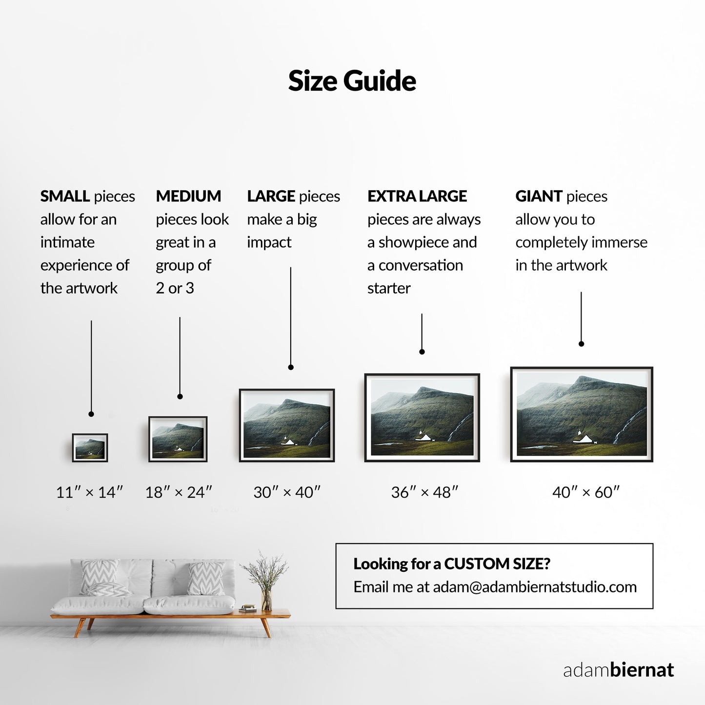 Size guide for art pieces by Adam Biernat with corresponding dimensions and visual examples.