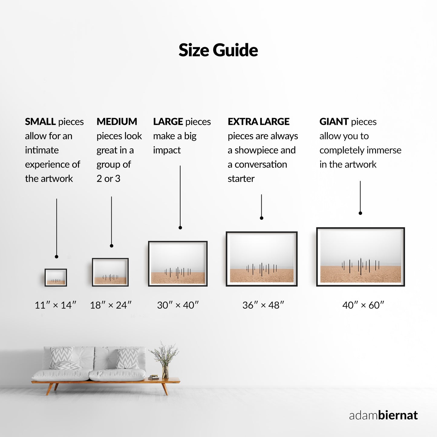 Size guide for art pieces by Adam Biernat with corresponding dimensions and visual examples.