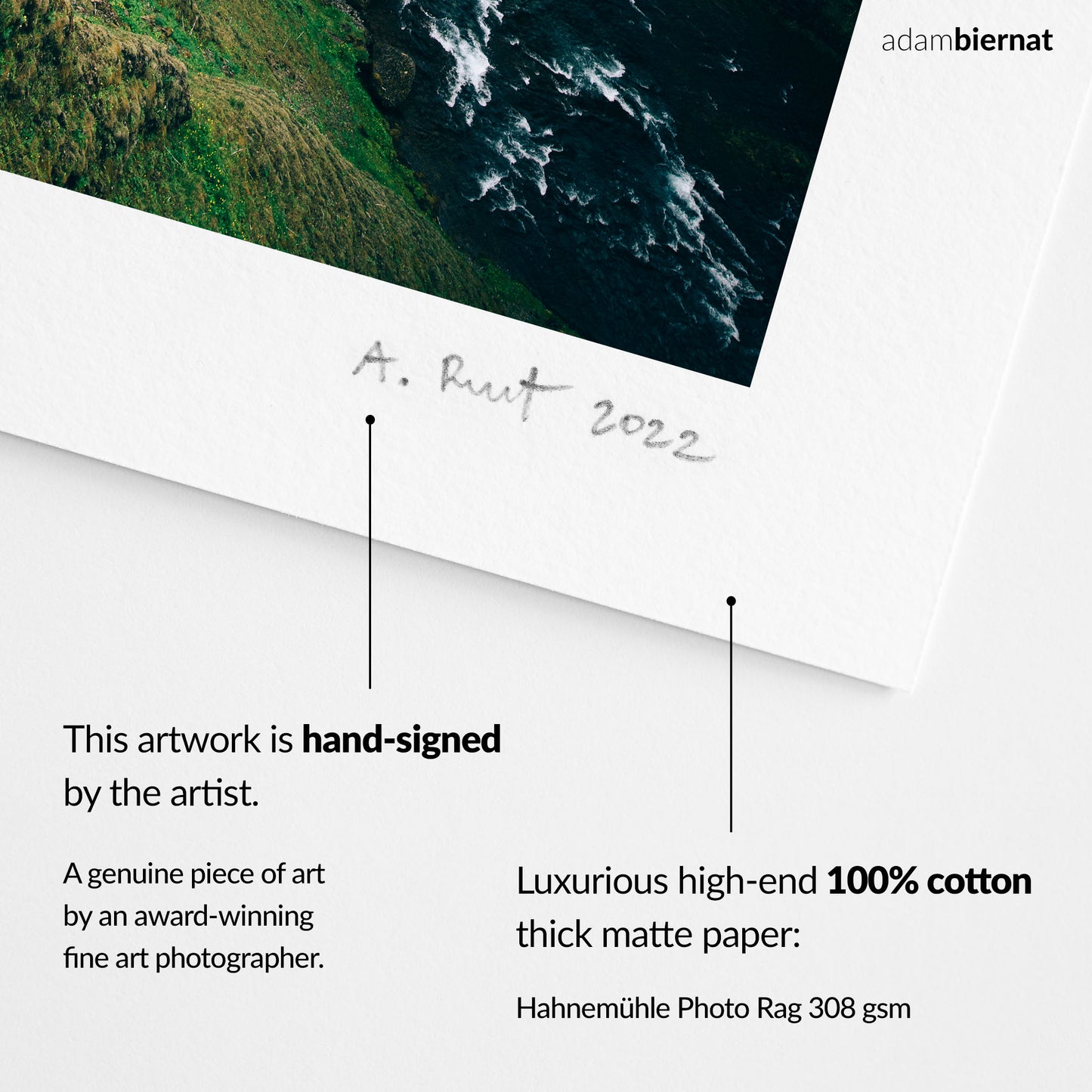 Artwork with a signature on a white background, featuring text about the artist and paper quality.