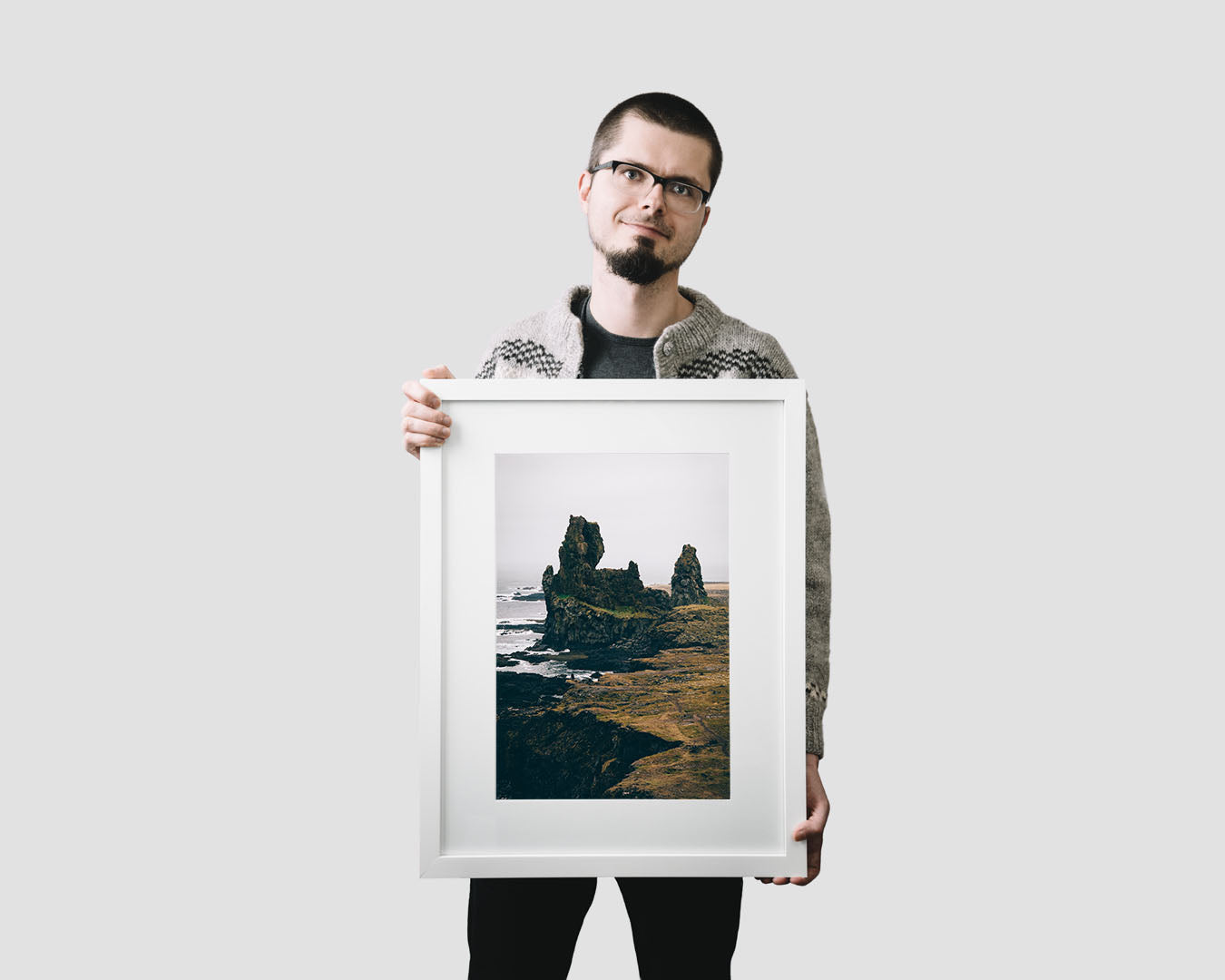 Nordic travel photography print featuring dramatic rock formations of Londrangar in Iceland