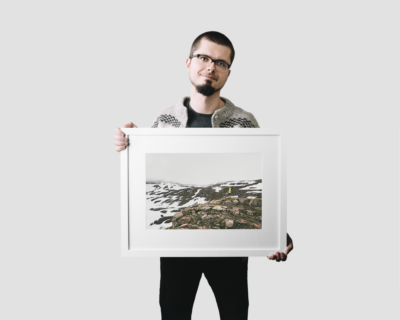 Nordic travel photography print featuring a lonely hiker in the mountains in Iceland