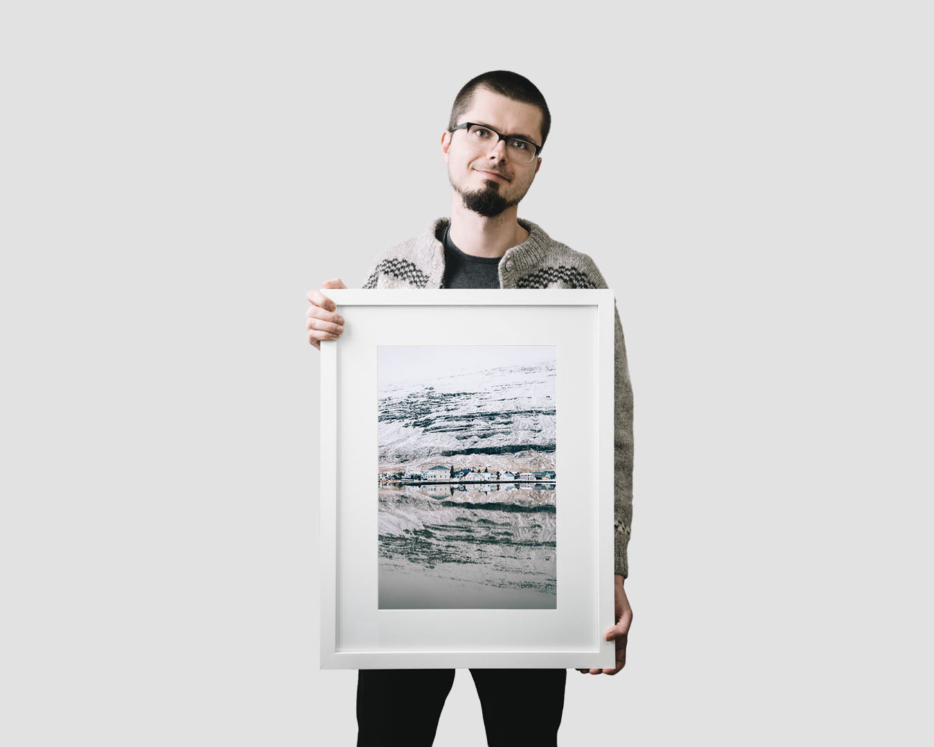 Nordic travel photography print featuring a small fishing town of Seydisfjordur in winter, Iceland