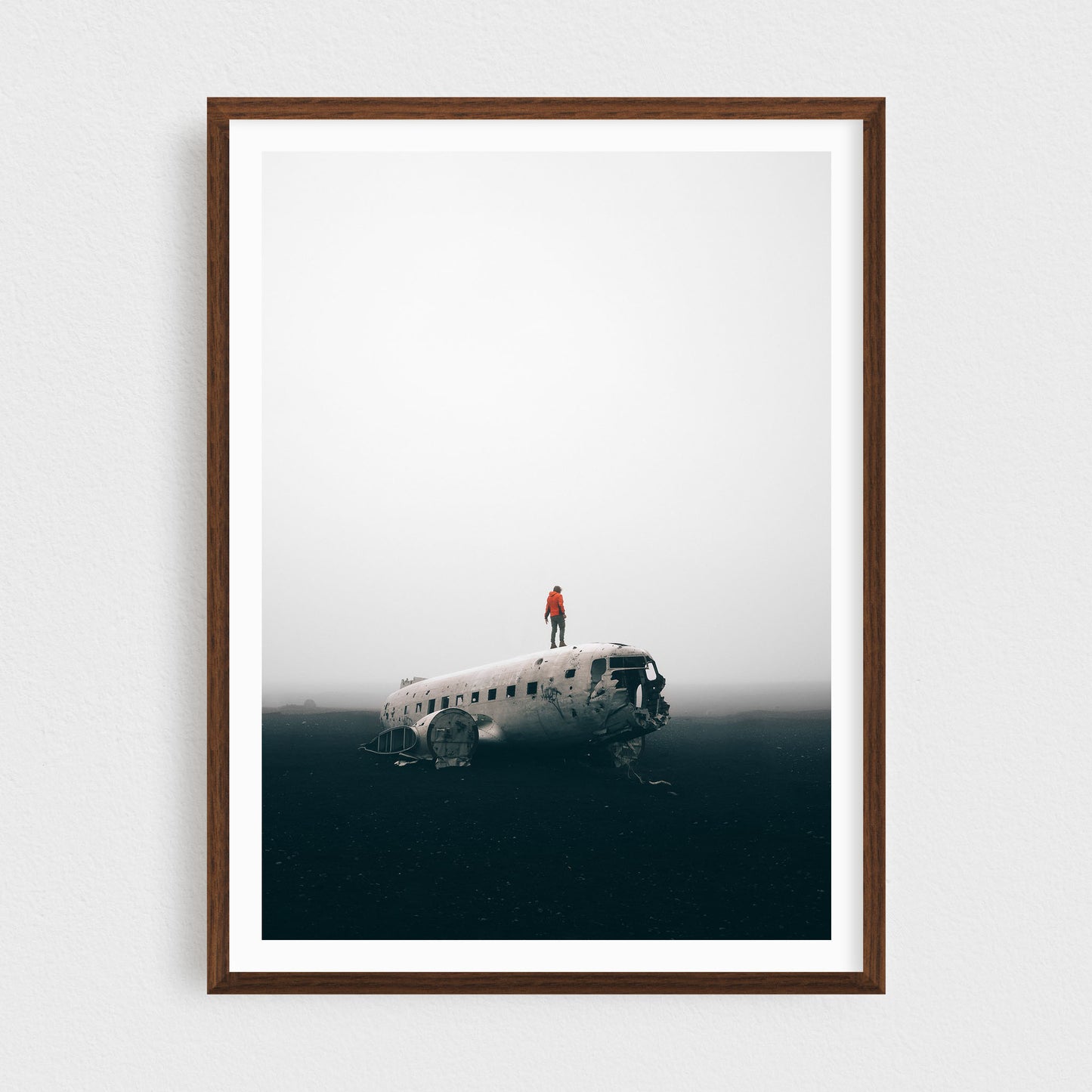 Iceland fine art photography print featuring DC3 plane crash at Solheimasandur, in a walnut frame