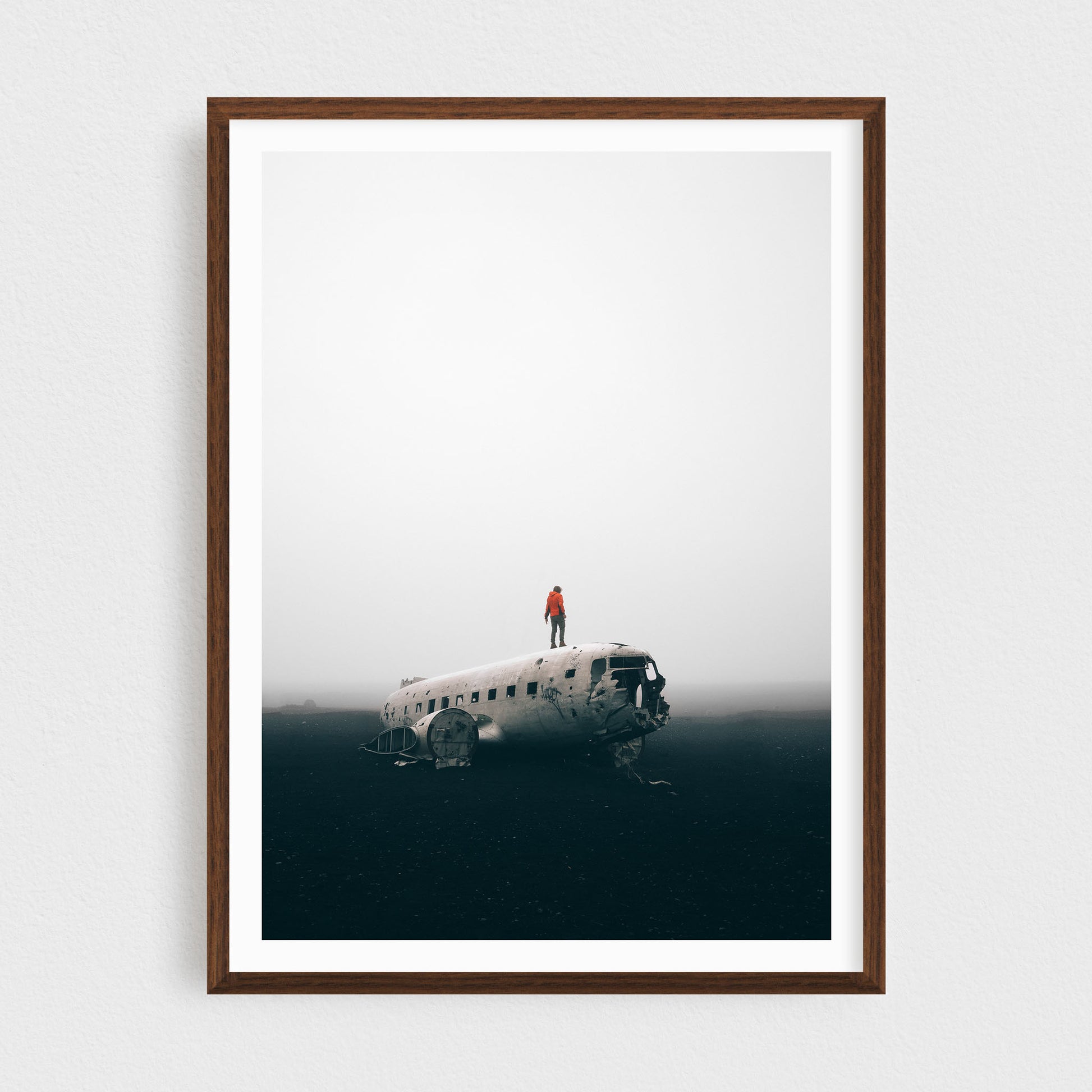 Iceland fine art photography print featuring DC3 plane crash at Solheimasandur, in a walnut frame