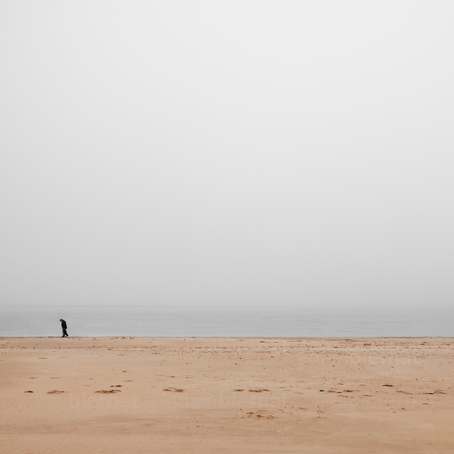 Contemporary minimalist landscape photography print featuring a beach in the fog