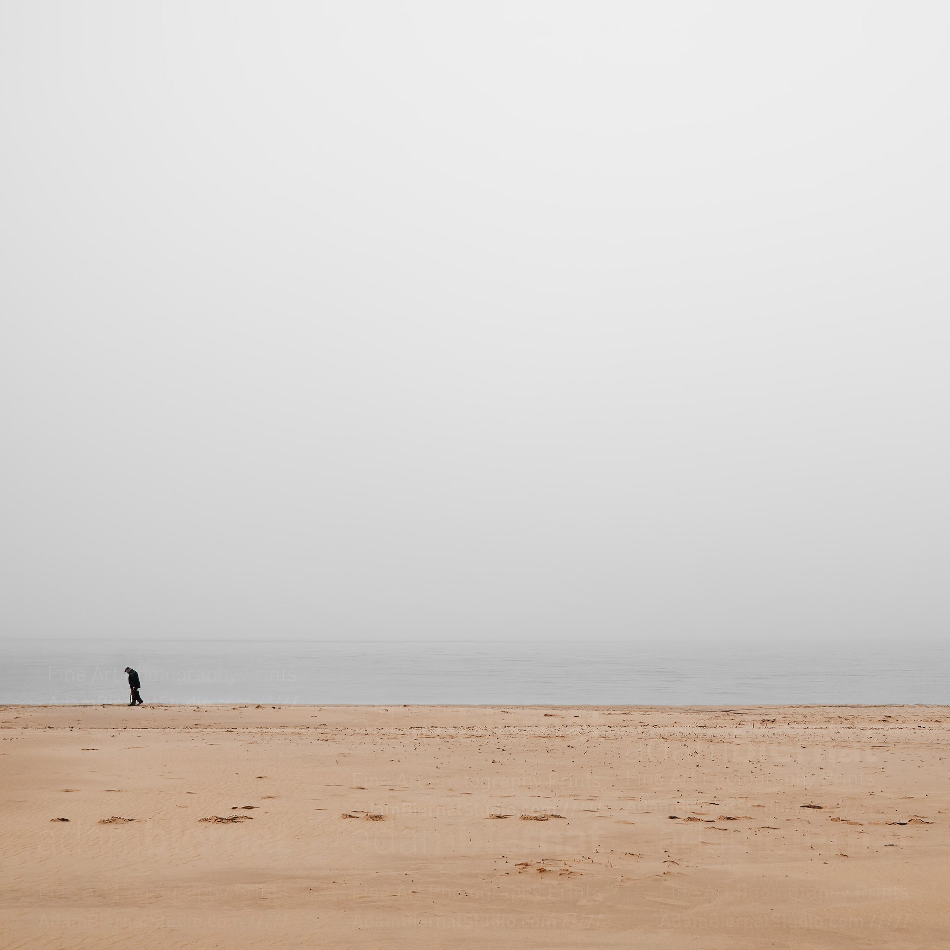 Contemporary minimalist landscape photography print featuring a beach in the fog