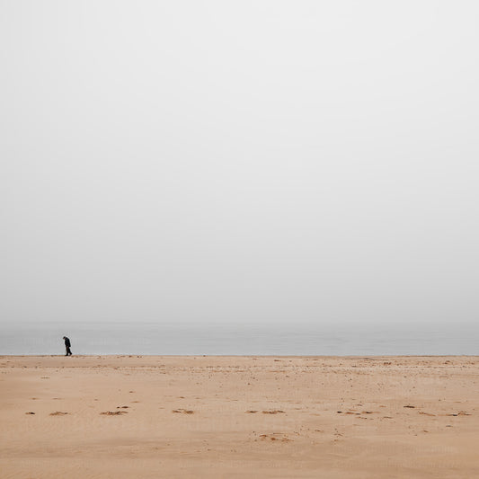 Contemporary minimalist landscape photography print featuring a beach in the fog