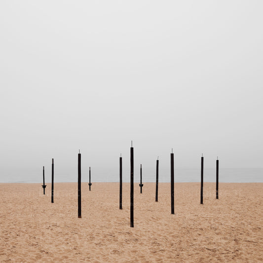 Contemporary minimalist landscape photography print featuring a beach in the fog