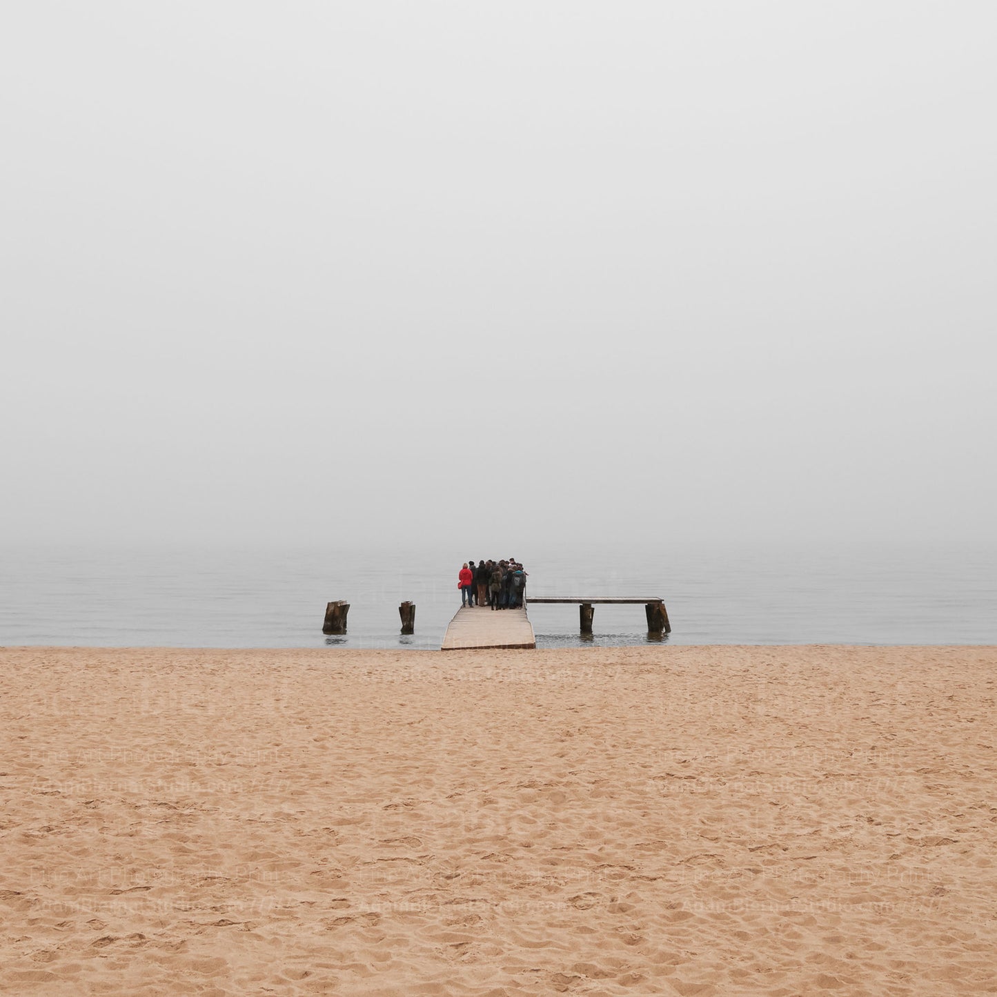 Contemporary minimalist landscape photography print featuring a beach in the fog