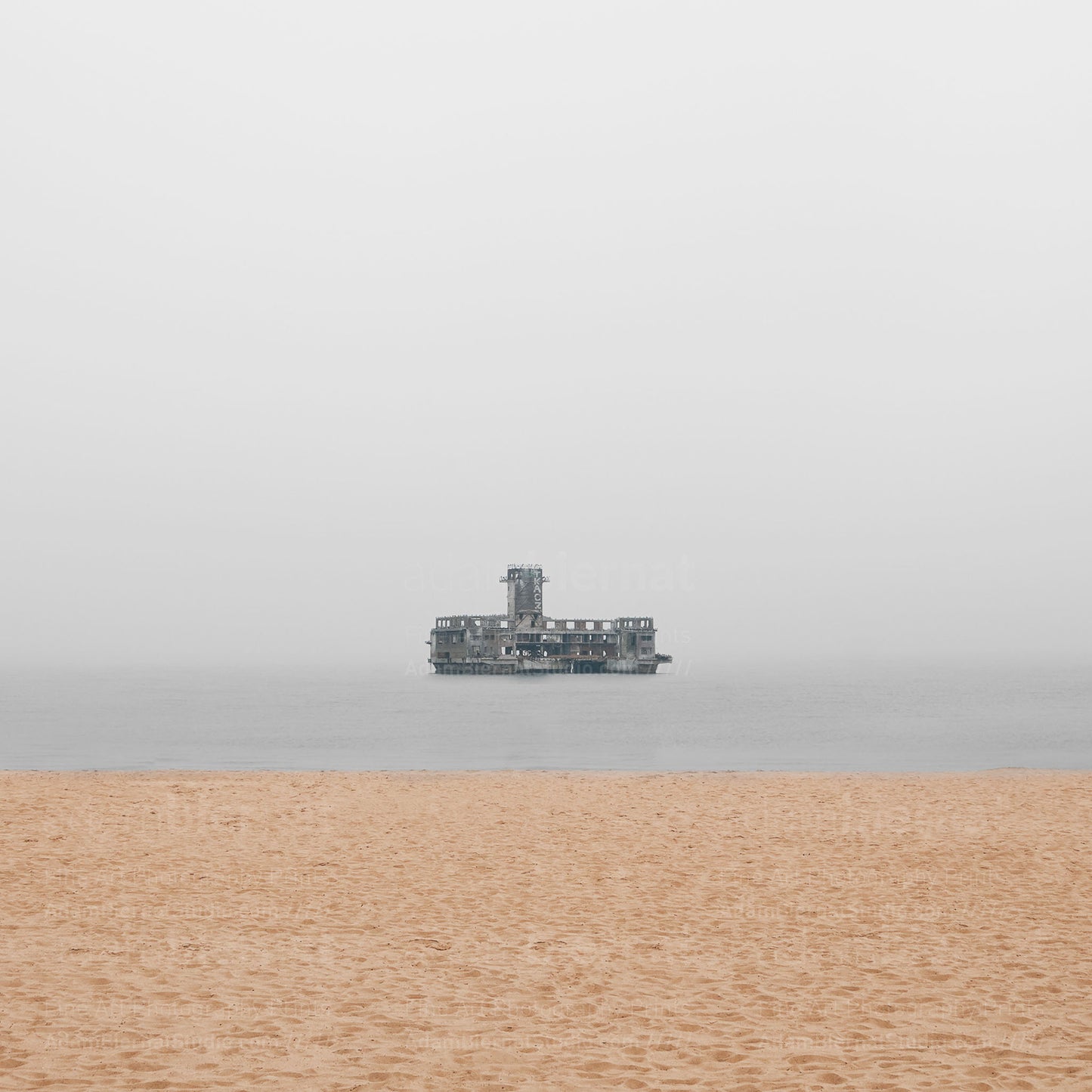 Contemporary minimalist landscape photography print featuring a beach in the fog