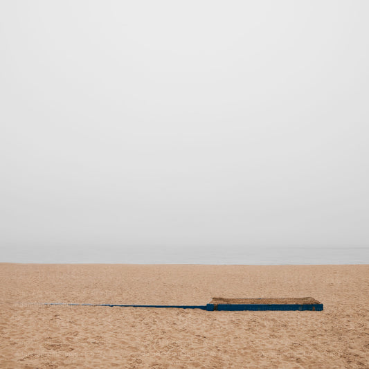 Contemporary minimalist landscape photography print featuring a beach in the fog