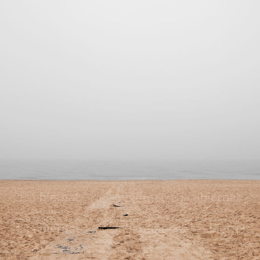 Contemporary minimalist landscape photography print featuring a beach in the fog