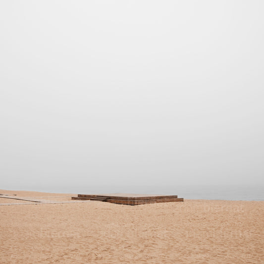 Contemporary minimalist landscape photography print featuring a beach in the fog