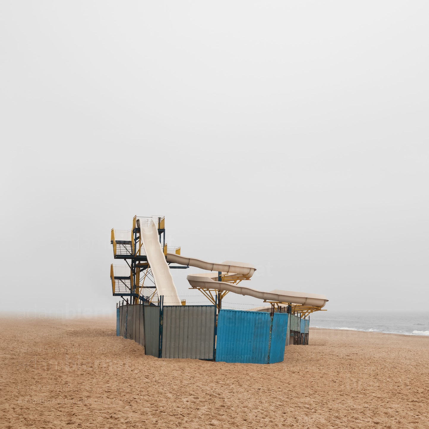 Contemporary minimalist landscape photography print featuring a beach in the fog