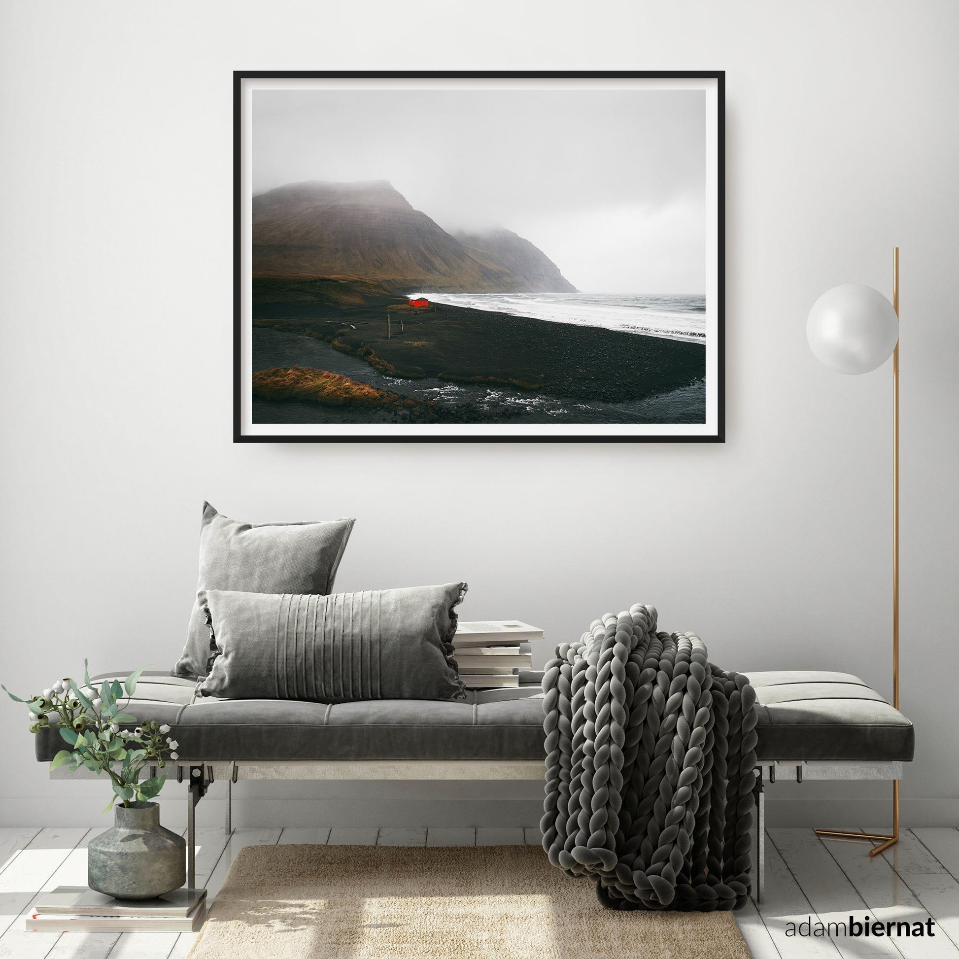 Nordic Interior Design - Iceland Nature Landscape Photography Print - Black Sand Beach and Red Cabin