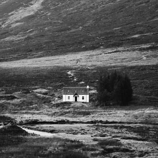 Wee White Cottage in Glecoe, Scotland - Travel Photography Print