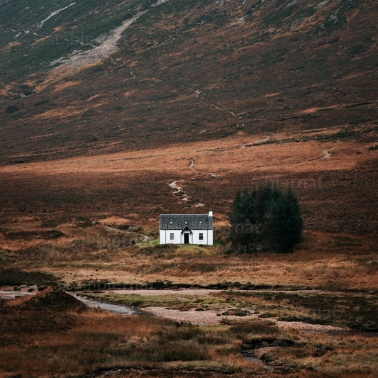 Wee White Cottage in Glecoe, Scotland - Travel Photography Print