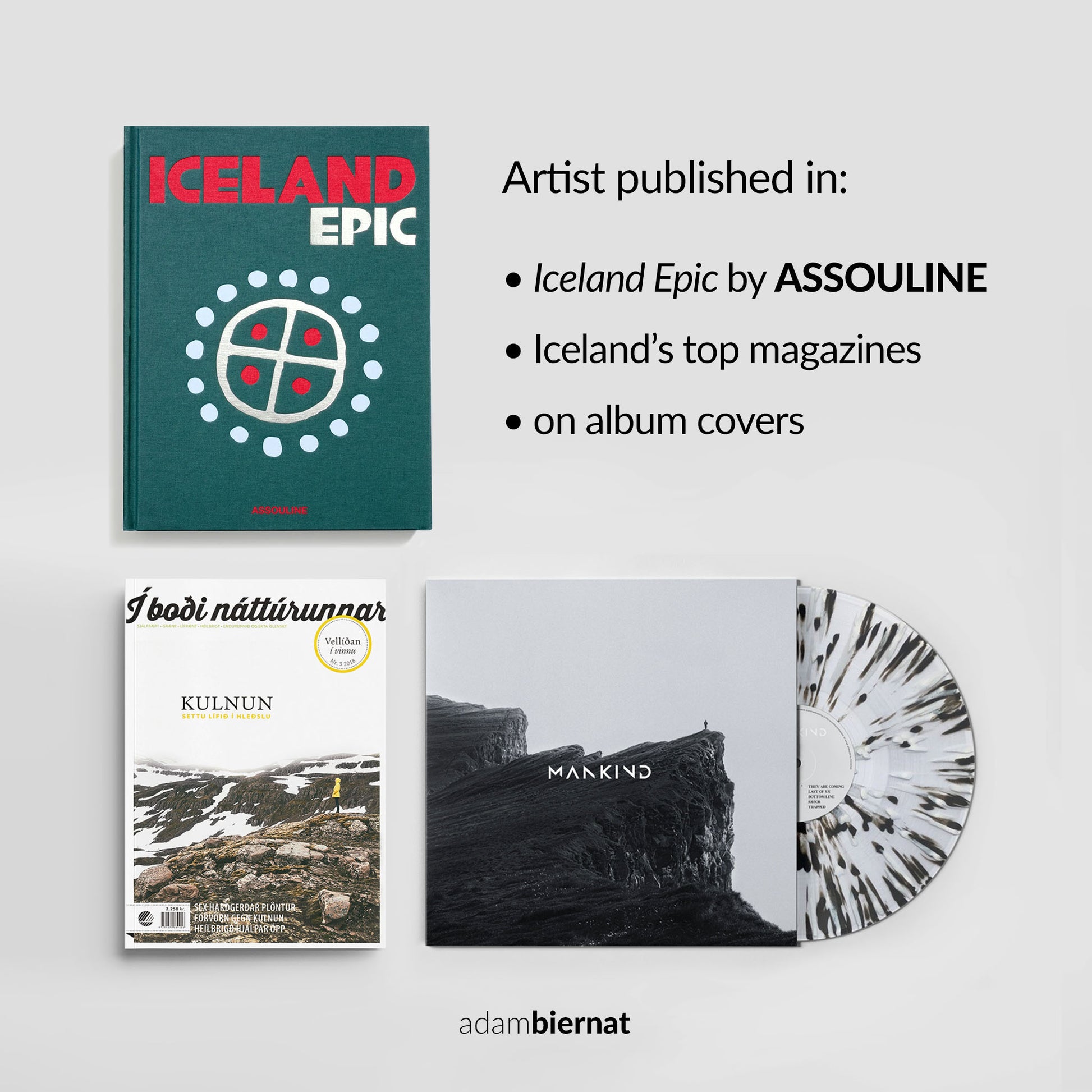Magazine cover with 'Iceland Epic' branding and a vinyl record with 'adam biernat' branding.