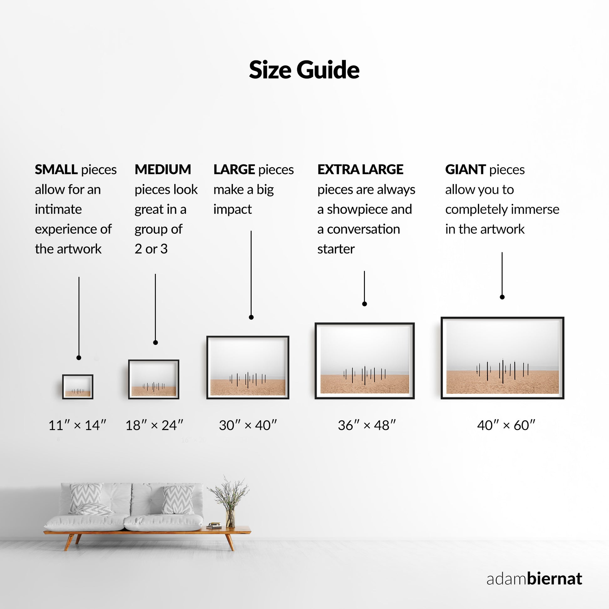 Size guide for art pieces by Adam Biernat with corresponding dimensions and visual examples.