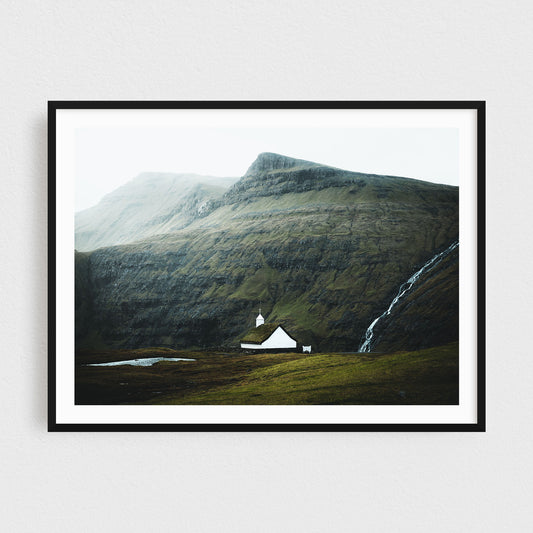 Faroe Islands Fine Art Photography Print - White Turf Church in Saksun