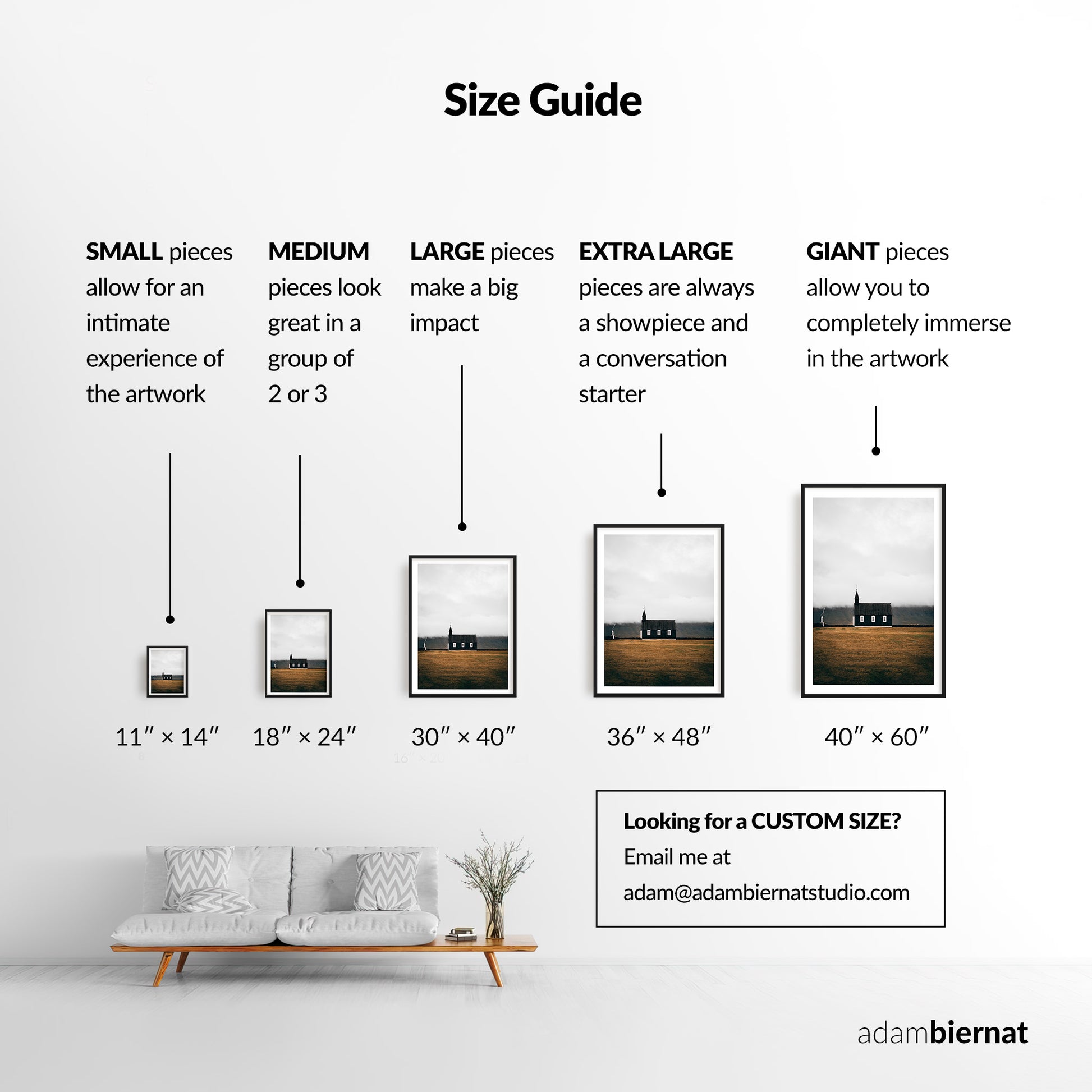 Size guide for art pieces by Adam Biernat with corresponding dimensions and visual examples.