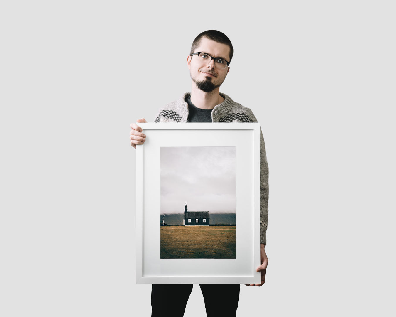Nordic travel photography print featuring a black church in Budir, Iceland