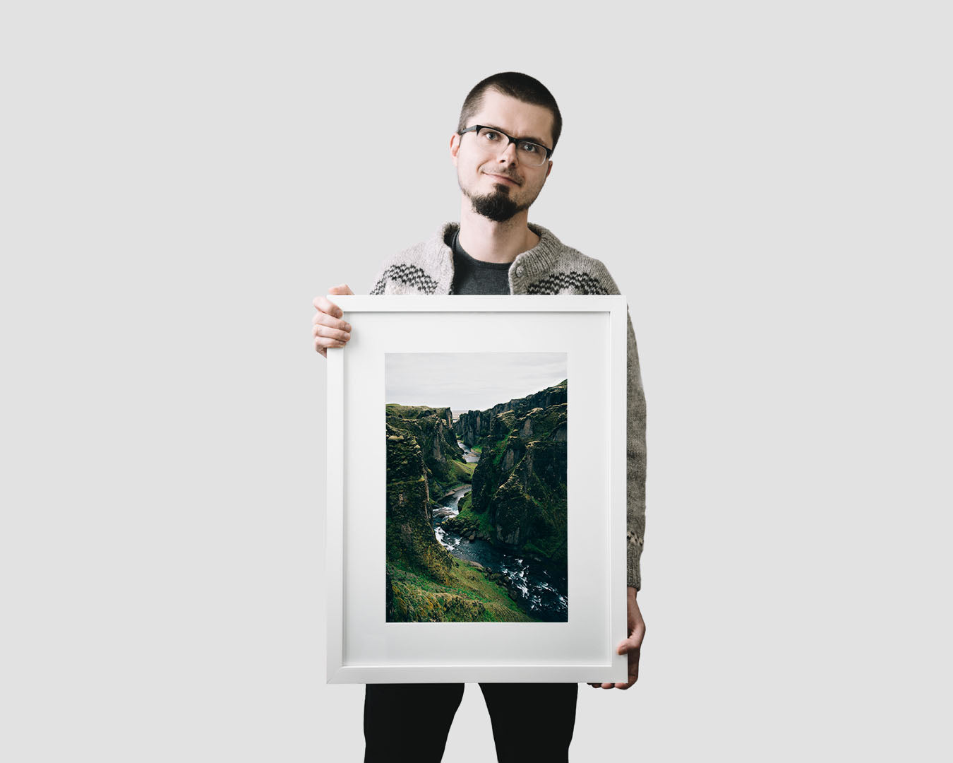 Nordic travel photography print featuring a green canyon of Fjadrargljufur in Iceland
