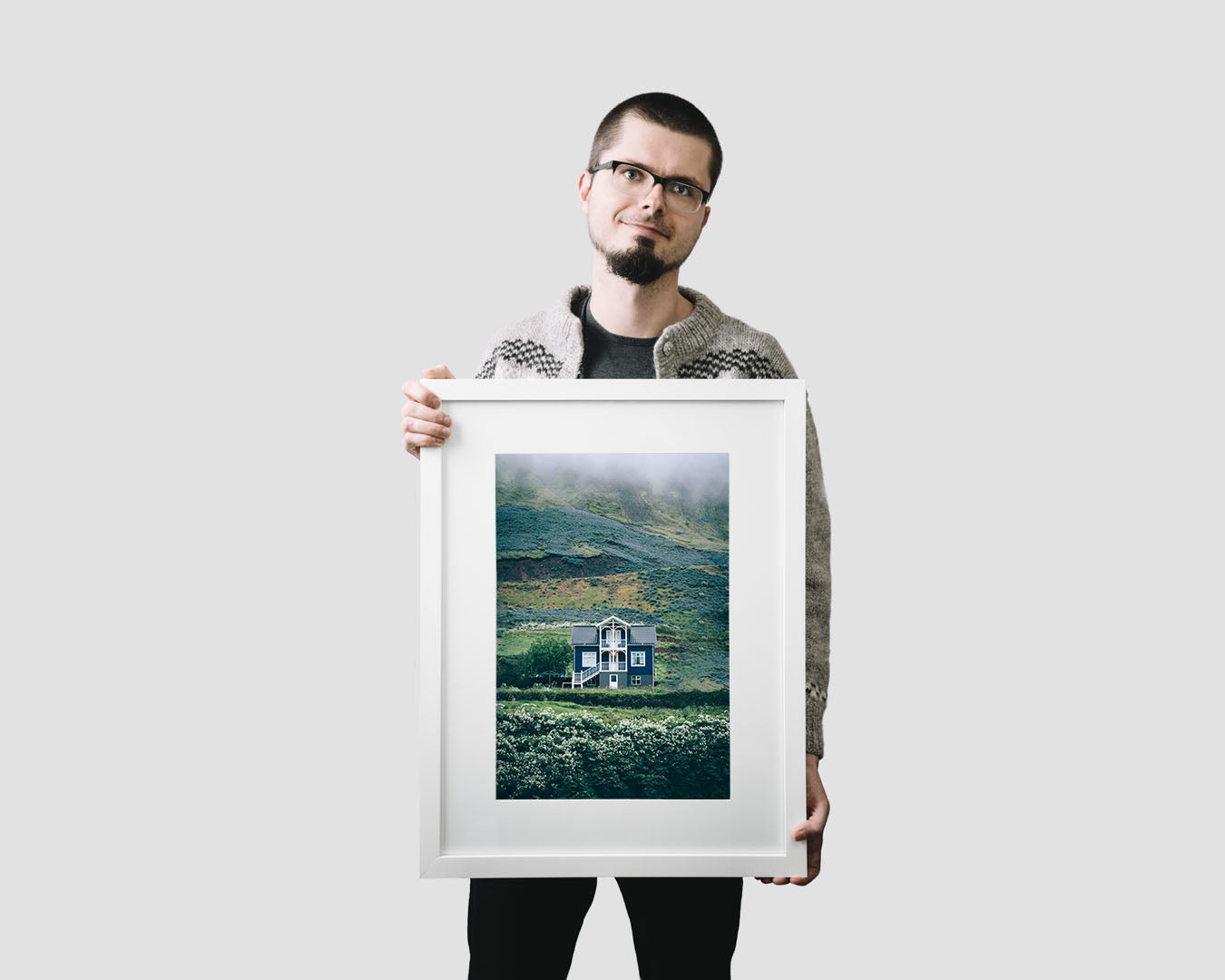 Nordic travel photography print featuring an old dark blue house in Siglufjordur, Iceland
