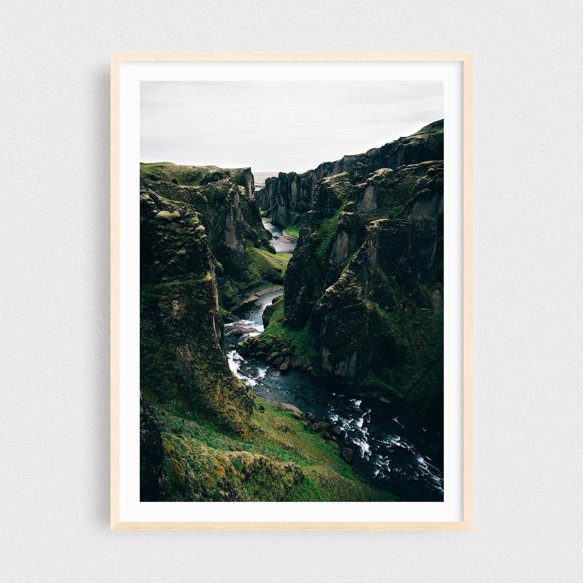 Iceland fine art photography print featuring Fjadrargljufur green canyon, in maple frame