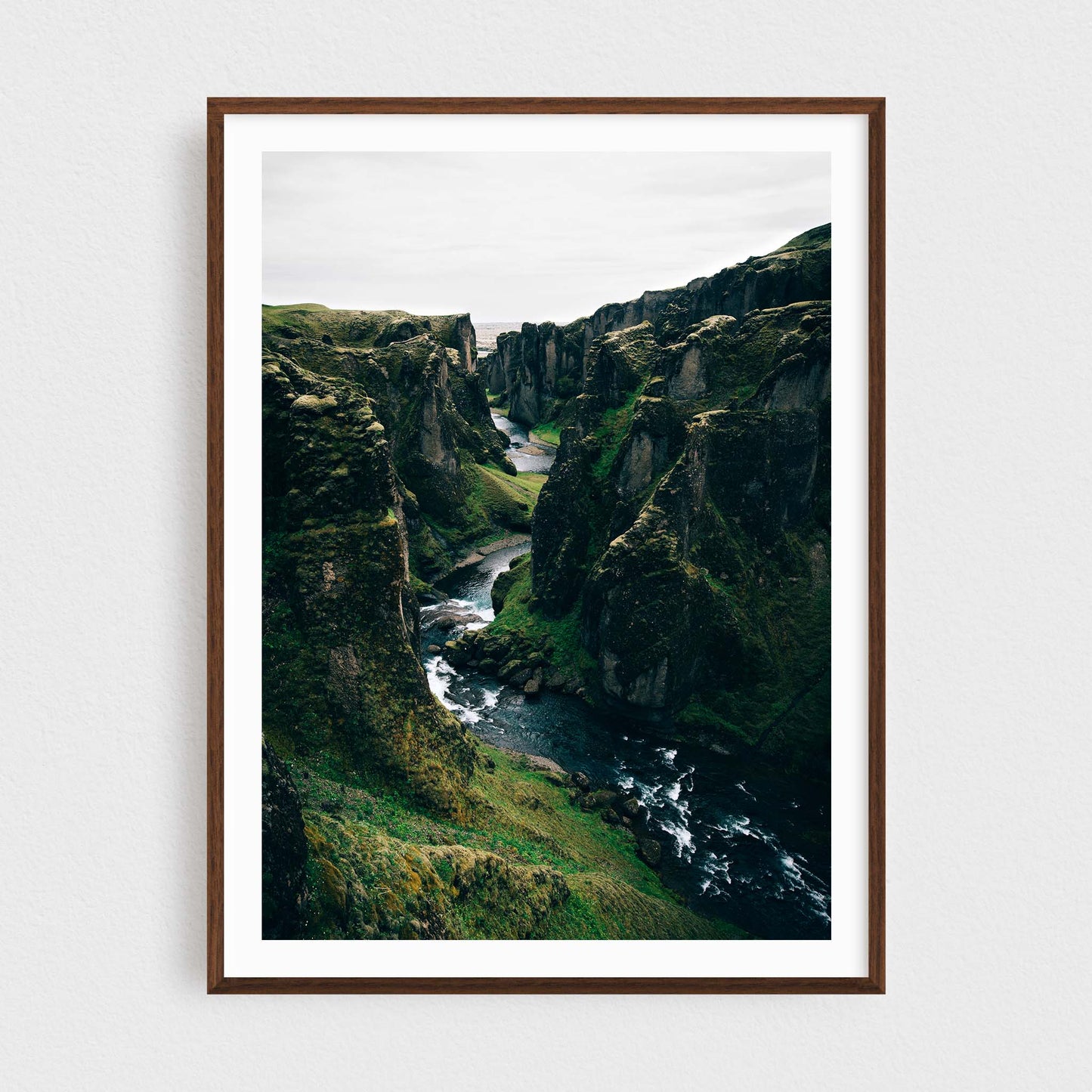 Iceland fine art photography print featuring Fjadrargljufur green canyon, in walnut frame