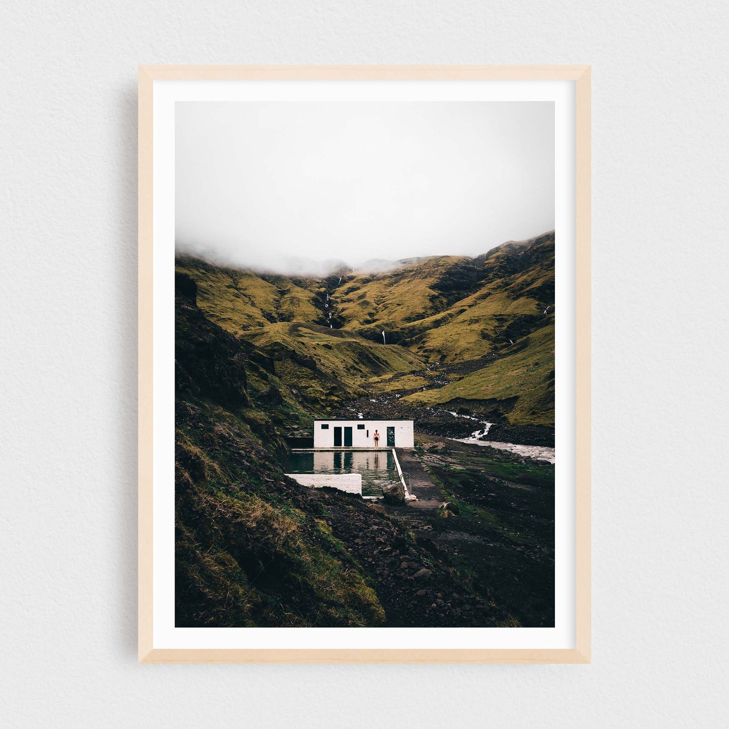 Iceland fine art photography print featuring Seljavallalaug pool, in a maple frame