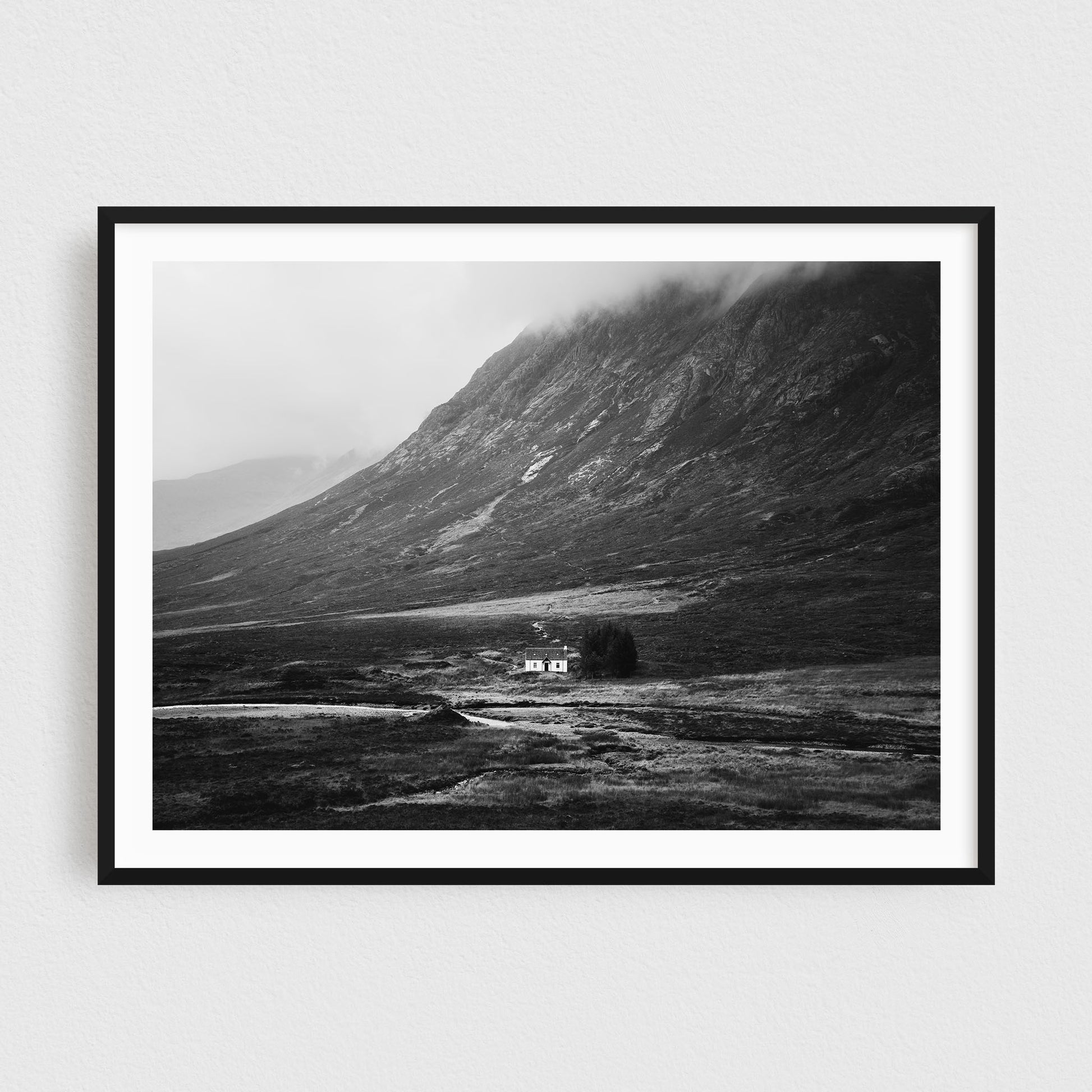 Black And White Landscape Print - Wee White Cottage in Glencoe in Scotland