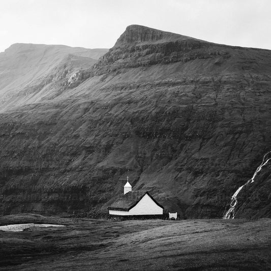 Church in the mountains photography print featuring Saksun on Faroe Islands