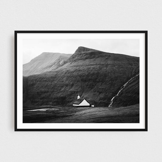 Faroe Islands fine art photography print featuring a small church in Saksun