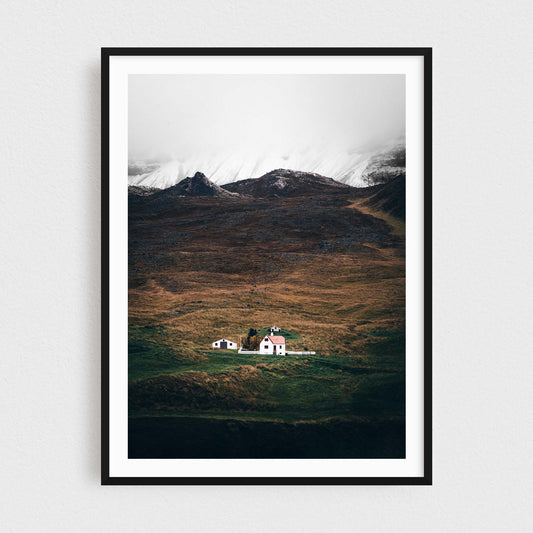 Iceland fine art photography print featuring a farm in the mountains