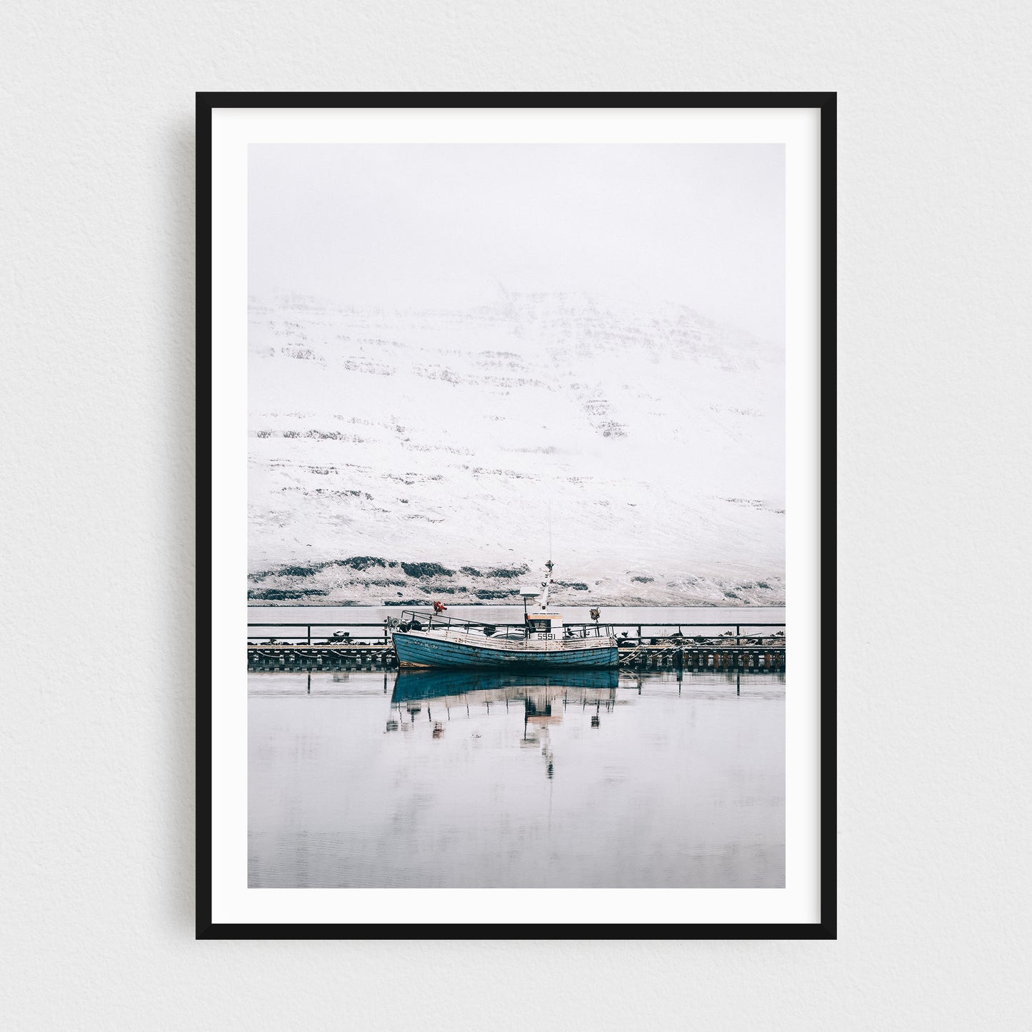 Iceland fine art photography print featuring Seydisfjordur fishing boat in winter