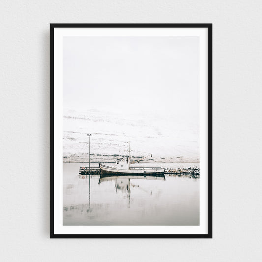 Iceland fine art photography print featuring Seydisfjordur fishing vessel in the fjord in winter