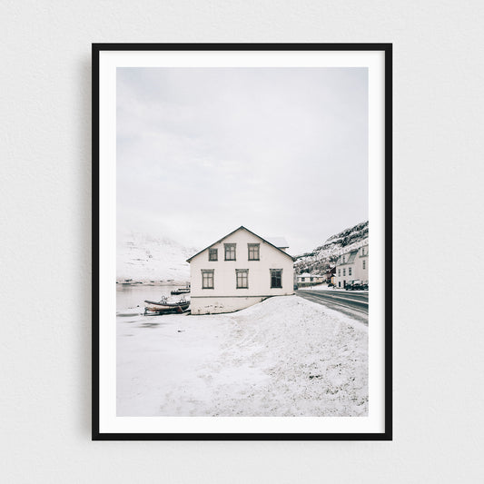 Iceland fine art photography print featuring Seydisfjordur house by the fjord in winter