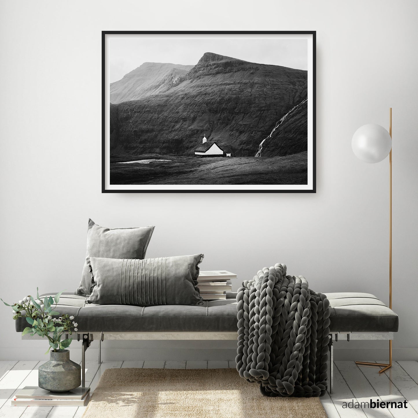 Nordic Interior Design - Black and White Faroe Islands Nature Landscape Photography Print - Grass Covered Church