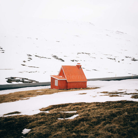 Red mountain cabin in Iceland photography print