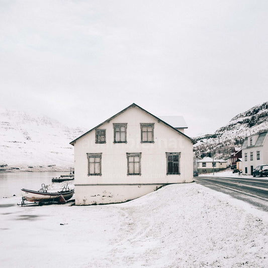 White house by the fjord in Seydisfjordur in Iceland photography print