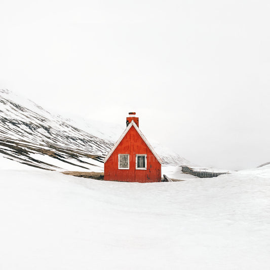 Winter red mountain cabin Scandinavian photography print